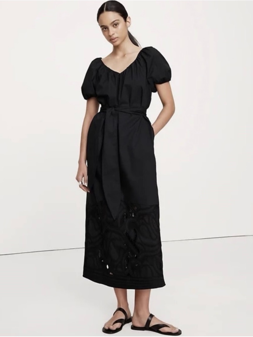 Banana Republic Black Puff-Sleeve Belted Midi Dress